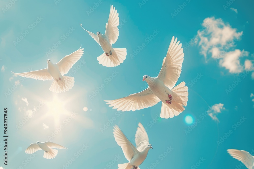 A group of white pigeons in flight against a clear blue sky A group of white pigeons in flight against a clear blue sky