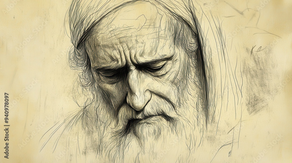 Job’s Lament and Integrity in the Bible - Illustration of Job with Tears in His Eyes, Mourning His Lost Prosperity and Misunderstood by His Friends, Beige Background Job’s Lament and Integrity in the Bible - Illustration of Job with Tears in His Eyes, Mourning His Lost Prosperity and Misunderstood by His Friends, Beige Background
