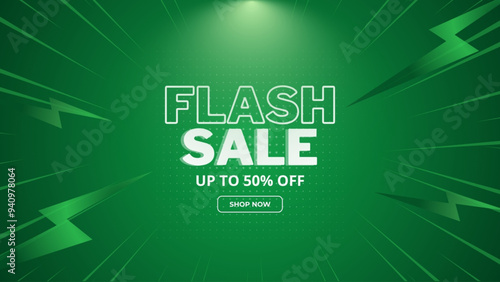 Flash Sale Shopping Poster or banner with Flash icon and 3D text on green background. Flash Sales banner template design for social media and website.
