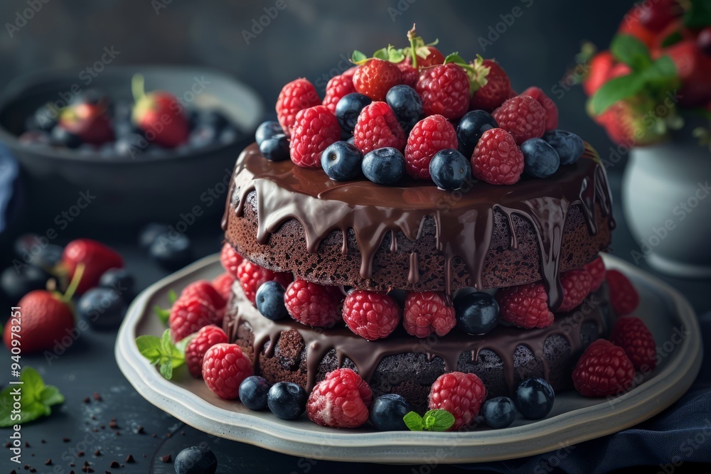 A lavish chocolate cake, beautifully layered and topped with a vibrant assortment of fresh raspberries and blueberries, awaits to delight dessert lovers during a festive gathering A lavish chocolate cake, beautifully layered and topped with a vibrant assortment of fresh raspberries and blueberries, awaits to delight dessert lovers during a festive gathering