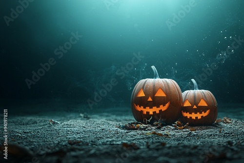 A spooky underwater Halloween setting with ghostly apparitions and submerged pumpkins glowing in the darkness, creating an eerie atmosphere with ample copy space for text or branding. photo