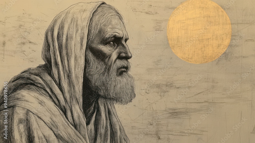 Fototapeta premium Job’s Deep Yearning Illustrated - Seeking Relief as Darkness Descends, Beige Background