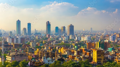 The skyline of a major Indian city, featuring a mix of modern skyscrapers and traditional buildings.