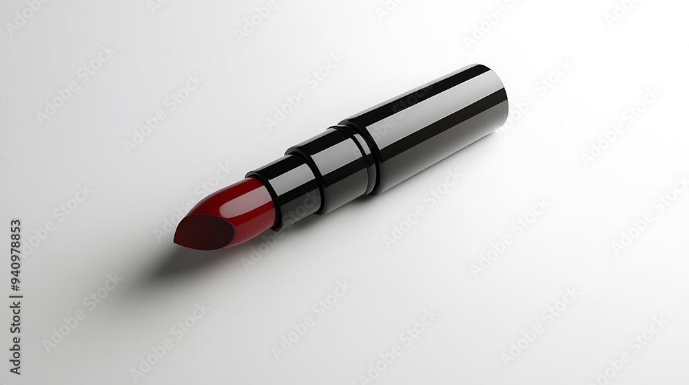 A single red lipstick lying on a white background. A single red lipstick lying on a white background.