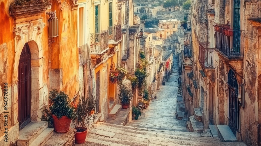 Naklejka premium The timeless beauty of Ragusa Ibla captured in a panoramic shot, showcasing its Baroque architecture and winding alleys.