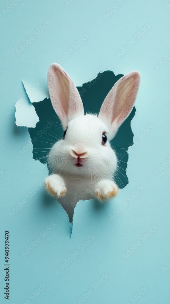 Obraz premium Curious Rabbit Peeking Through Blue Wall Hole: Playful Easter Bunny Banner for Year of the Rabbit Celebrations. Creative Animal Illustration for Holiday Marketing, Zodiac-Themed Campaigns, and Festive