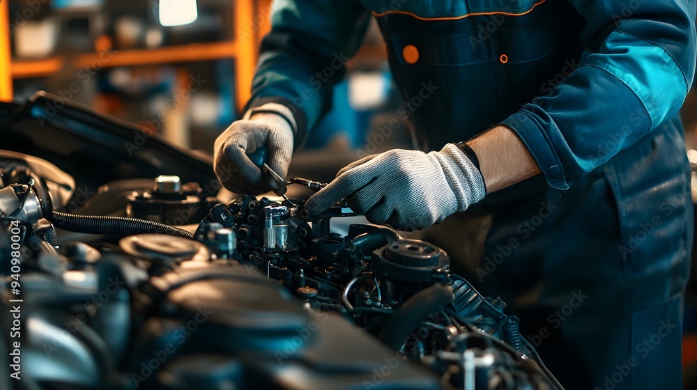 Skilled Mechanic Repairing Car Engine in Automotive Workshop Skilled Mechanic Repairing Car Engine in Automotive Workshop