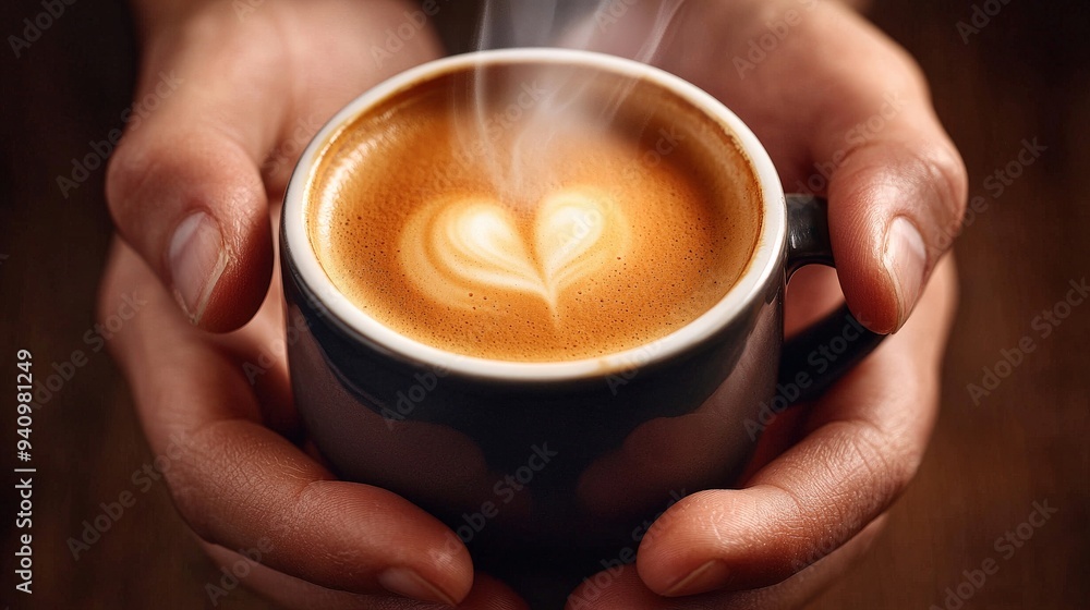 Hands holding a steaming cup of coffee Hands holding a steaming cup of coffee