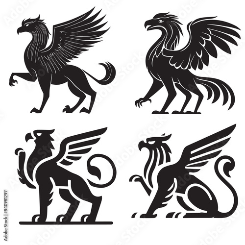 Heraldic griffin black white silhouettes