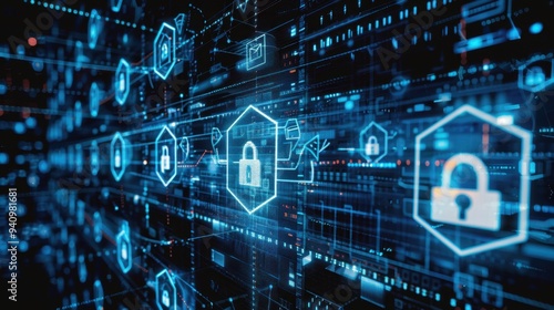 Digital representation of cybersecurity with padlock symbols on a network background.