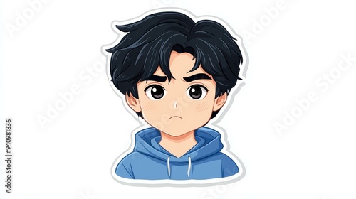 Adorable chibi boy with black hair and eyes, sporting a cozy blue hoodie, perfect for stickers and playful designs.