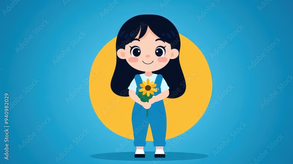 A charming little girl in bright overalls, joyfully holding a flower shovel, radiating playful energy in a vibrant design. A charming little girl in bright overalls, joyfully holding a flower shovel, radiating playful energy in a vibrant design.