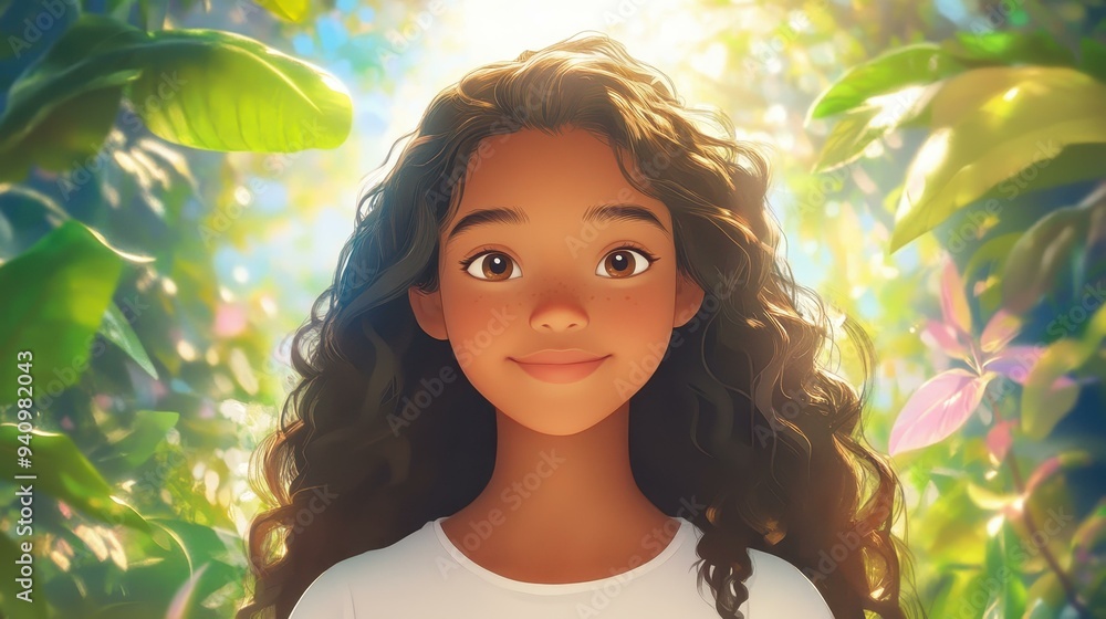 A joyful girl with warm brown skin and dark, wavy hair, smiles in a bright tropical scene, embodying innocence and warmth. A joyful girl with warm brown skin and dark, wavy hair, smiles in a bright tropical scene, embodying innocence and warmth.