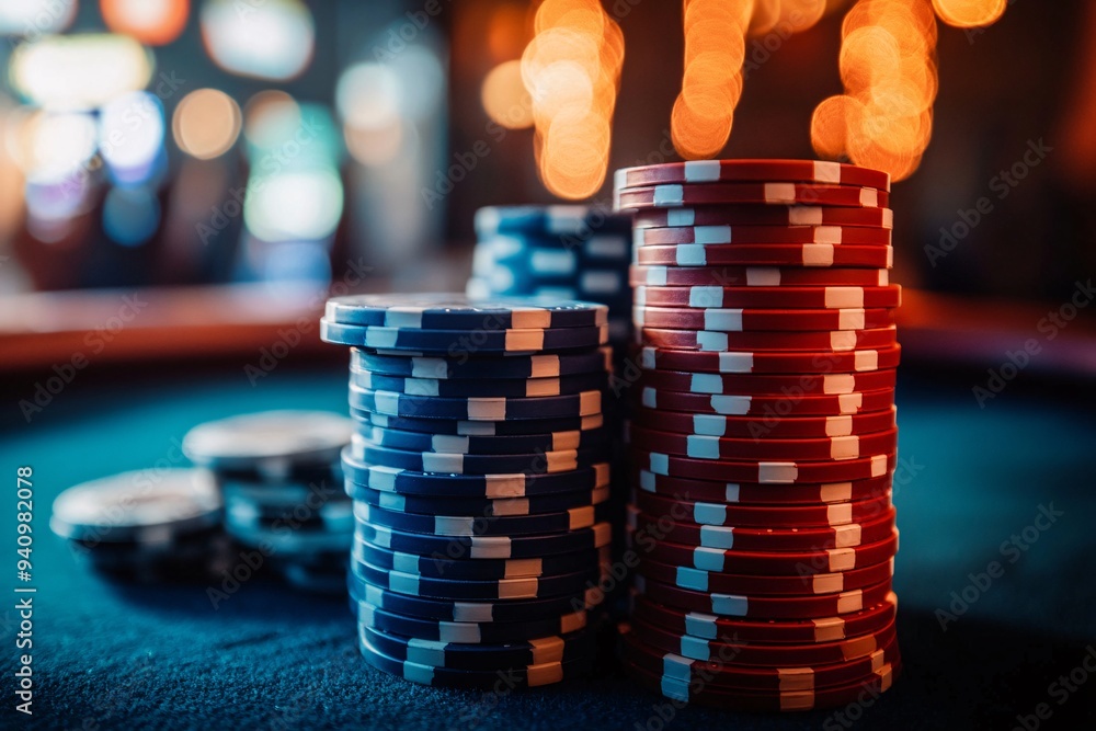 Poker chips on the table with bokeh background. Casino concept. Casino equipment.
Poker chips on the table with bokeh background. Casino concept. Casino equipment.
