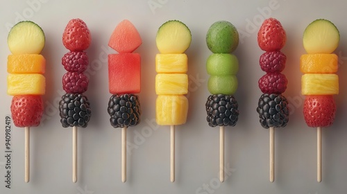 Colorful fruit skewers with melon, pineapple and berries, antioxidant-rich