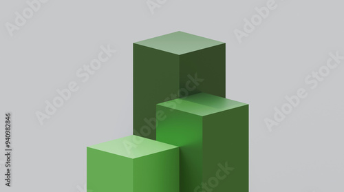 Studio scene for product display on white background. Green cube pedestal template for products. Pedestal on white background. Abstract white background.