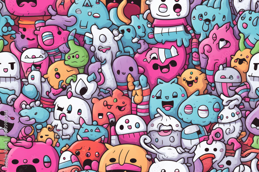 A chaotic and colorful illustration featuring a variety of cute and friendly cartoon monsters. A chaotic and colorful illustration featuring a variety of cute and friendly cartoon monsters.