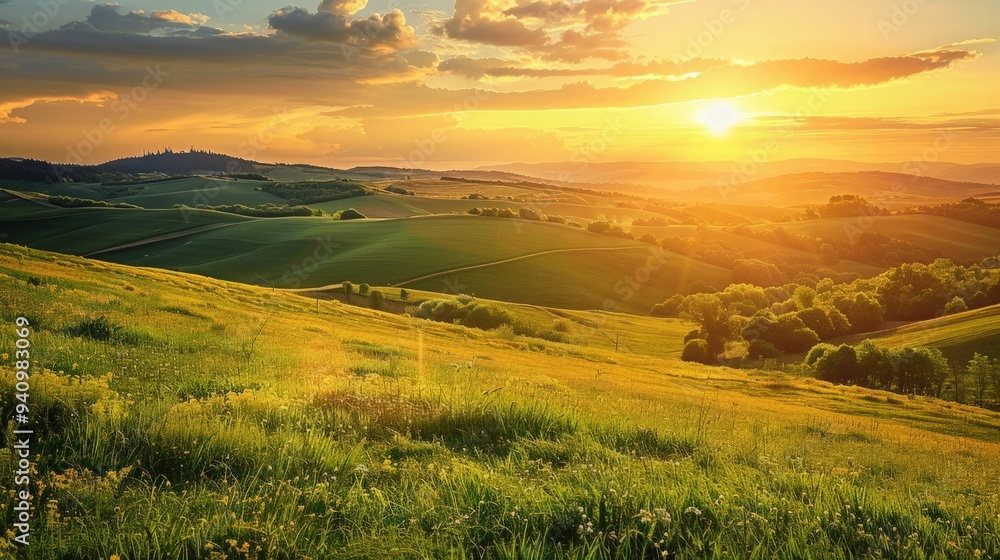 Fototapeta premium A serene sunset over rolling hills