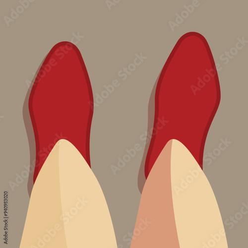Pair of legs with red shoes is approaching the viewer from a top down perspective