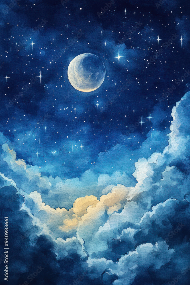 Obraz premium Night Sky Illustration, A charming watercolor illustration of a night sky, featuring a glowing moon, sparkling stars, and fluffy clouds, ideal for dreamy art and designs