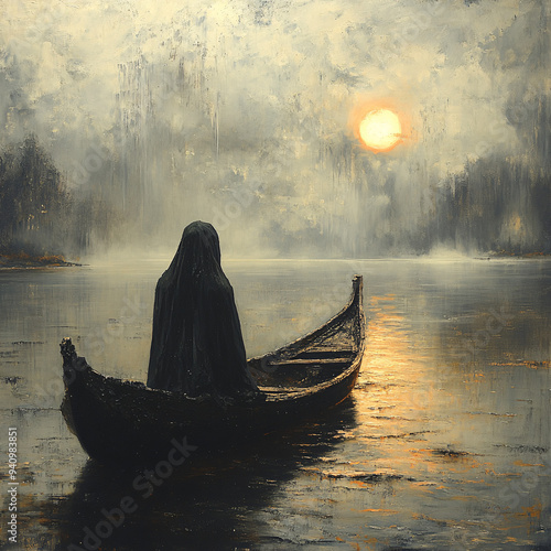 A serene and peaceful scene of a ferryman crossing a river in a traditional boat, evoking a sense of nostalgia and tranquil journey.