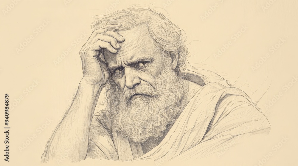 Fototapeta premium Job’s Response to Eliphaz in the Bible - Illustration of Job Contrasting His Former Prosperity with His Present Suffering, Beige Background