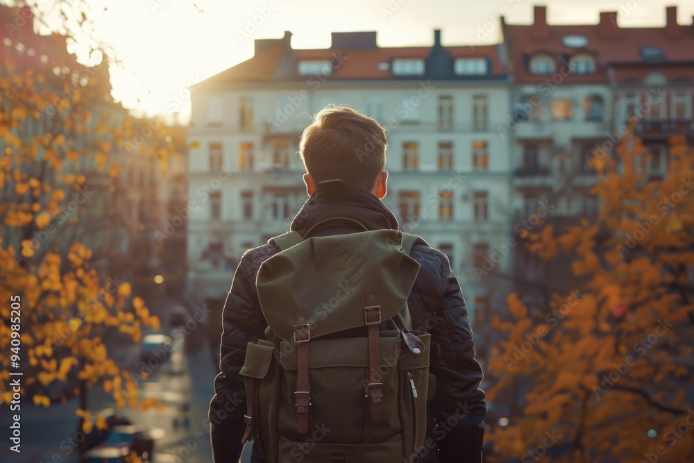 A person carrying a backpack walks along a city street A person carrying a backpack walks along a city street