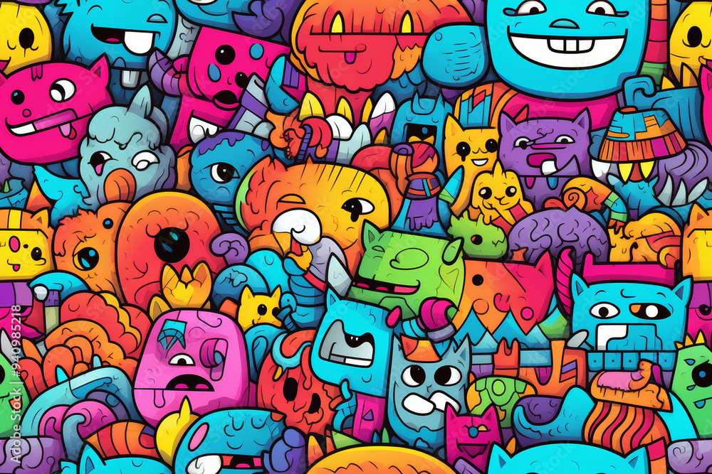 Fototapeta premium A colorful and chaotic doodle pattern featuring a variety of cute, cartoon-like creatures with different expressions and designs.