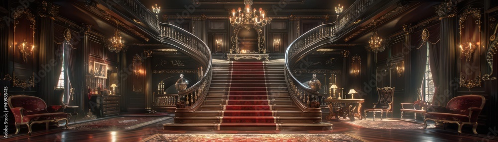 Luxurious grand staircase in a historic mansion with elegant chandeliers, intricate details, and a regal atmosphere. Luxurious grand staircase in a historic mansion with elegant chandeliers, intricate details, and a regal atmosphere.