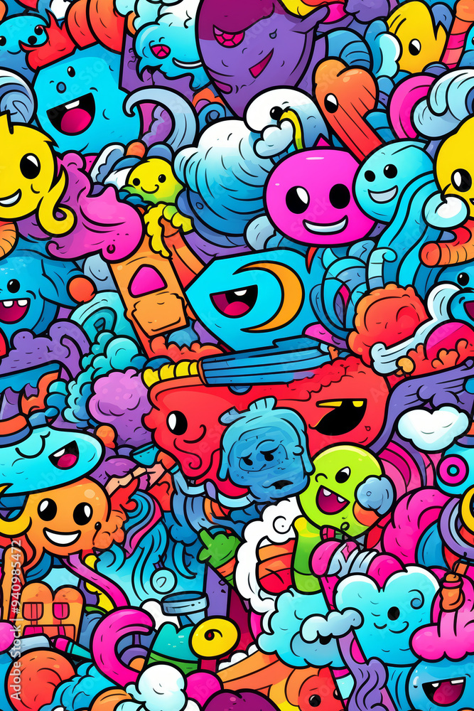 A colorful and chaotic doodle pattern with happy faces, swirls, and abstract shapes. A colorful and chaotic doodle pattern with happy faces, swirls, and abstract shapes.