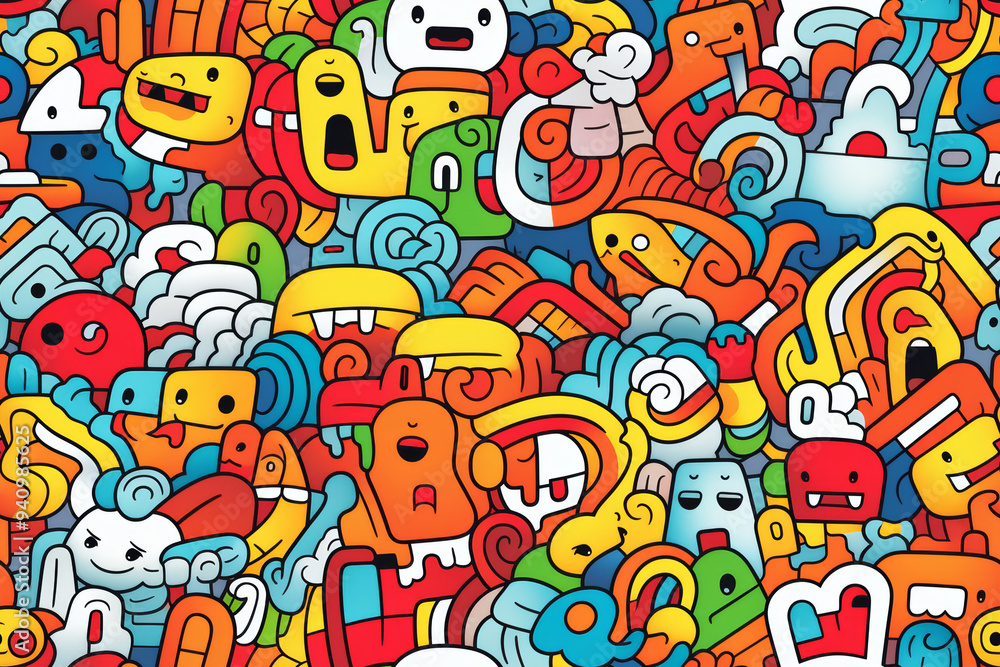 Fototapeta premium A colorful and chaotic pattern of cartoon faces, monsters, and abstract shapes.