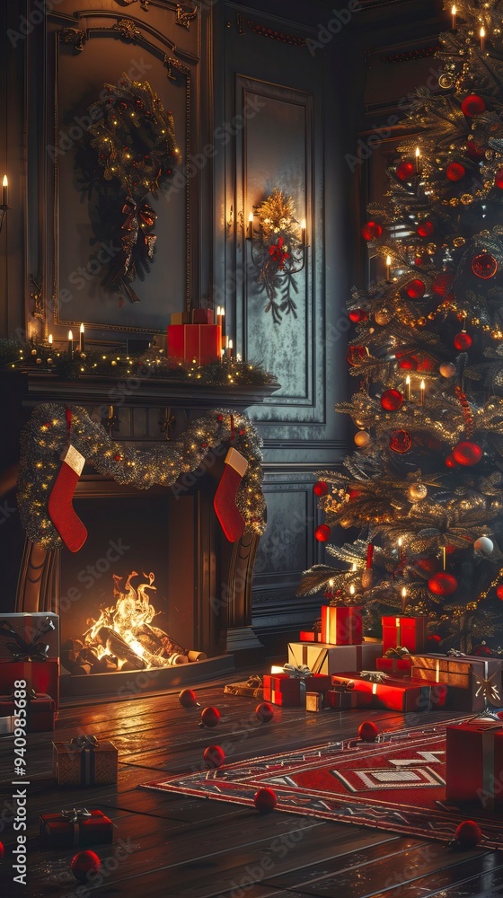 interior christmas. magic glowing tree, fireplace, gifts in dark interior christmas. magic glowing tree, fireplace, gifts in dark