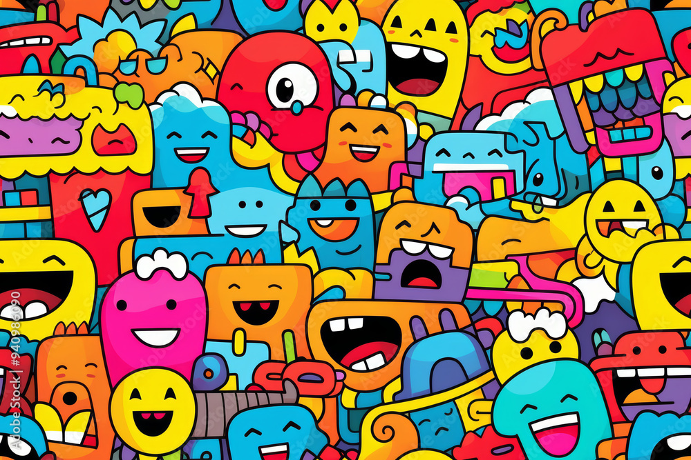 Fototapeta premium A colorful and chaotic pattern of cute and funny cartoon monsters.
