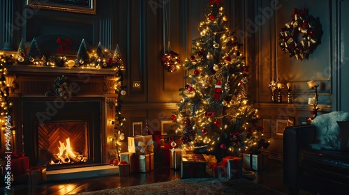 interior christmas. magic glowing tree, fireplace, gifts in dark