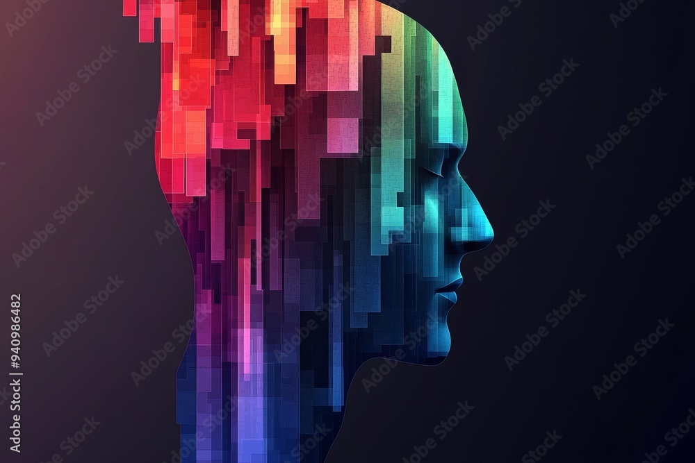 Abstract 3D rendering of a human head composed of colorful pixelated blocks symbolizing the digital fragmentation of identity the influence of technology and the complex nature of modern thought Abstract 3D rendering of a human head composed of colorful pixelated blocks symbolizing the digital fragmentation of identity the influence of technology and the complex nature of modern thought