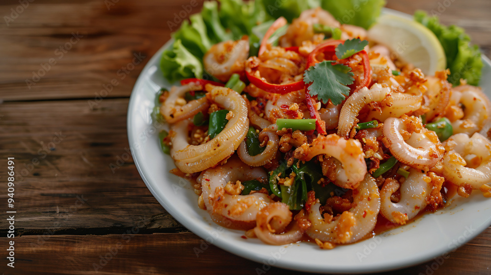 Spicy stir-fried squid with garlic, chili pepper and coriander served on white plate on wooden table Spicy stir-fried squid with garlic, chili pepper and coriander served on white plate on wooden table