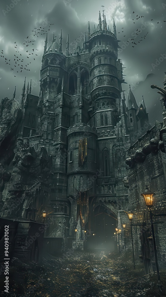 Obraz premium Dark, eerie medieval castle under stormy skies with gothic architecture and ominous atmosphere, perfect for horror or fantasy themes.
