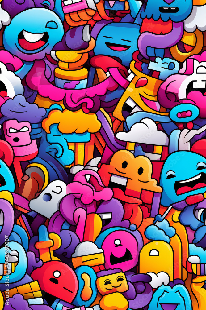 A colorful and chaotic pattern of doodle characters, including faces, animals, objects, and abstract shapes. A colorful and chaotic pattern of doodle characters, including faces, animals, objects, and abstract shapes.