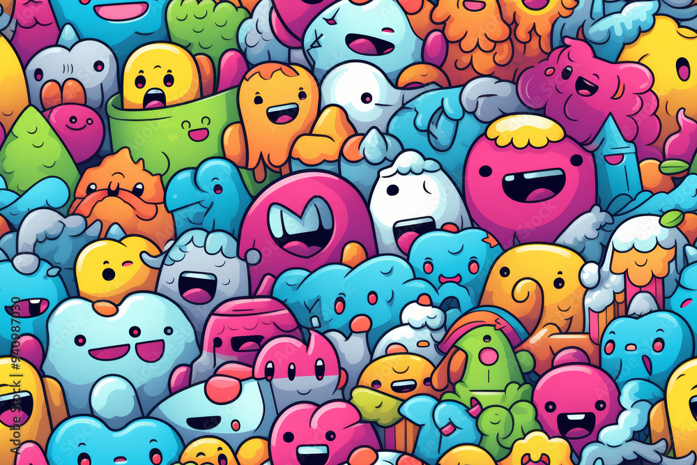 A colorful and chaotic pattern of happy cartoon monsters. A colorful and chaotic pattern of happy cartoon monsters.