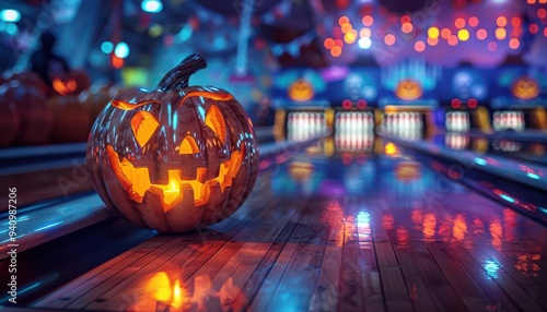 Halloween-themed bowling alley with glowing pumpkin and colorful lights, creating a festive and spooky atmosphere.