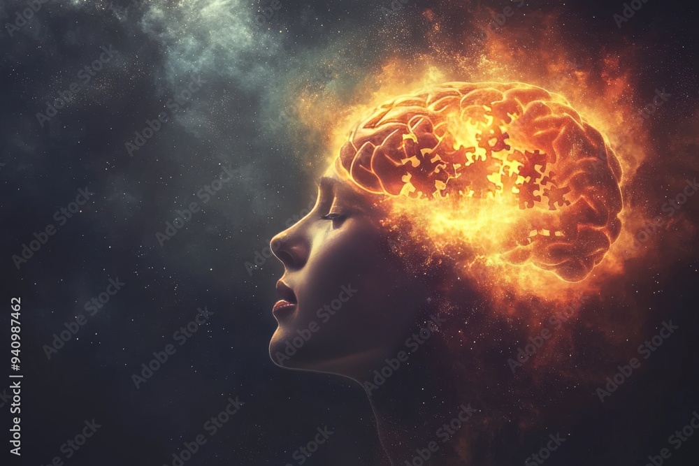 Abstract digital rendering of a human head with a fiery brain symbolizing the intensity of thought the burning passion of creativity and the explosive power of ideas in the human mind Abstract digital rendering of a human head with a fiery brain symbolizing the intensity of thought the burning passion of creativity and the explosive power of ideas in the human mind
