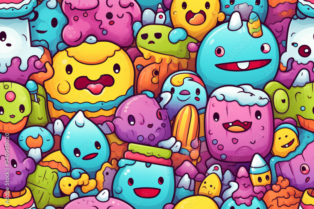 A colorful and fun pattern with cute cartoon monsters in different shapes and colors. A colorful and fun pattern with cute cartoon monsters in different shapes and colors.