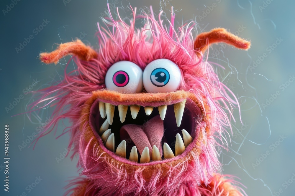 Obraz premium A lively and eye-catching pink furry monster puppet with big eyes and sharp teeth, adding humor and fun to marketing campaigns.