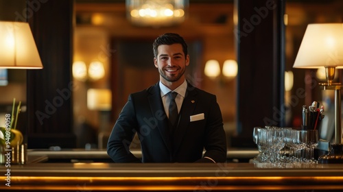 A professional concierge in a luxury hotel, elegantly dressed, warmly welcoming guests, showcasing high-end hospitality service. photo