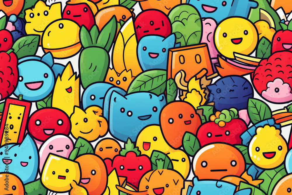 A colorful and playful pattern of cartoon fruits, vegetables, and other cute characters. A colorful and playful pattern of cartoon fruits, vegetables, and other cute characters.