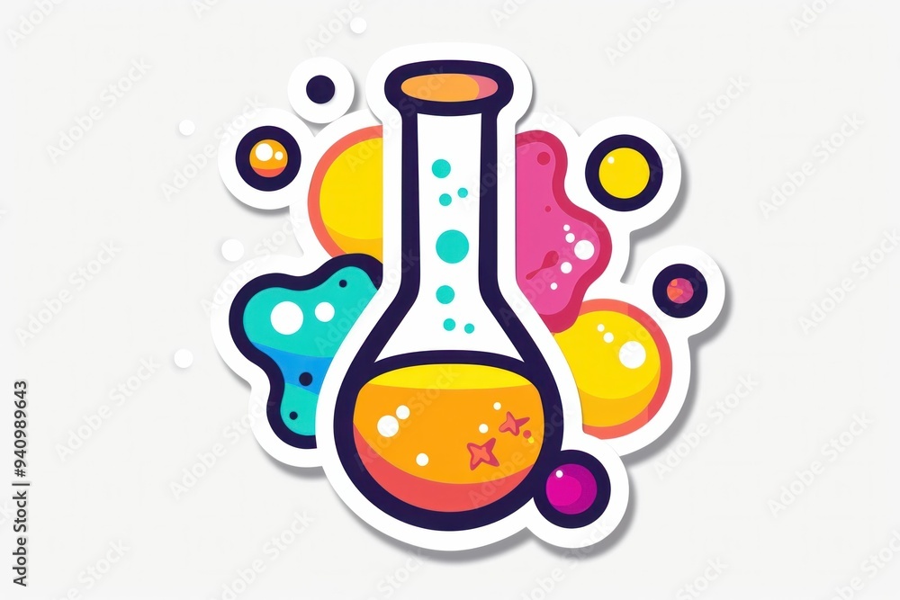 Colorful cartoon flask with bubbling liquid and abstract shapes in a vibrant palette Colorful cartoon flask with bubbling liquid and abstract shapes in a vibrant palette