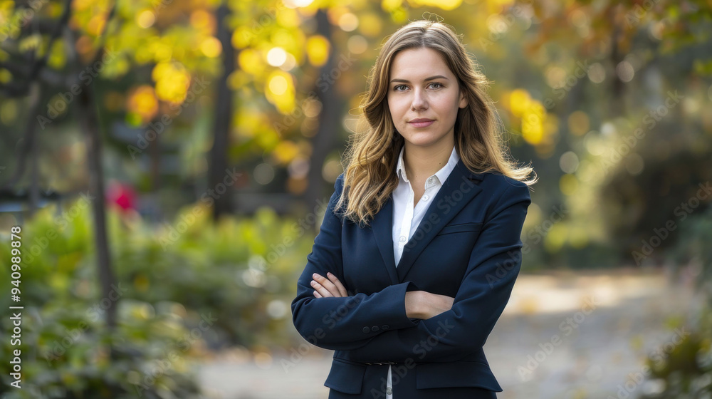 Confident woman in suit standing outdoors with serene expression Confident woman in suit standing outdoors with serene expression