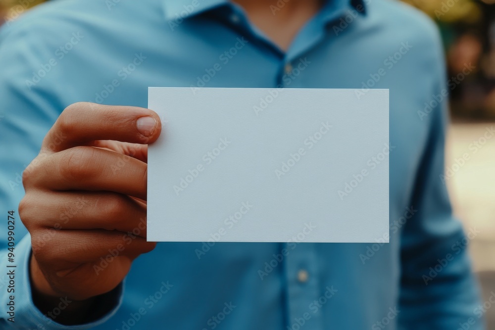 A blank paper business card mockup held by a businessman. Concept of branding design template A blank paper business card mockup held by a businessman. Concept of branding design template