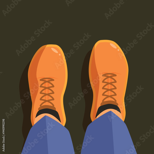 Illustration of a person wearing orange sneakers standing on dark ground, first person perspective