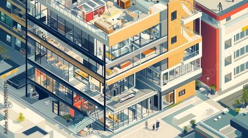 Modern Apartment Building Cutaway Isometric View